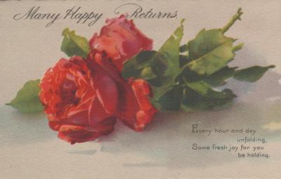 POSTCARD: BIRTHDAY, 'MANY HAPPY RETURNS' WITH RED ROSE
