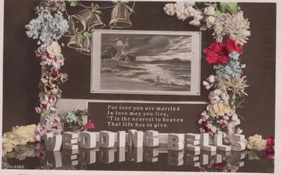 POSTCARD: 'WEDDING BELLS', FLOWERS, BELLS, AND POEM