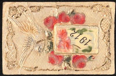 POSTCARD: '1912' EMBOSSED DOVE AND ROSES