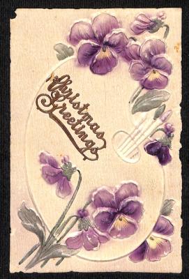 POSTCARD: 'CHRISTMAS GREETINGS' PURPLE FLOWERS AND PAINT PALETTE
