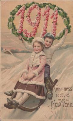 POSTCARD: NEW YEAR 1911, KIDS SLEIGHING, 'HAPPINESS BE YOURS IN THE NEW YEAR'