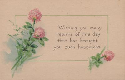 POSTCARD: PINK COVERS, SENT BY JIM DENNIS FOR HIS WEDDING ANNIVERSARY