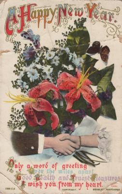 POSTCARD: 'A HAPPY NEW YEAR' FLOWERS AND HANDSHAKE
