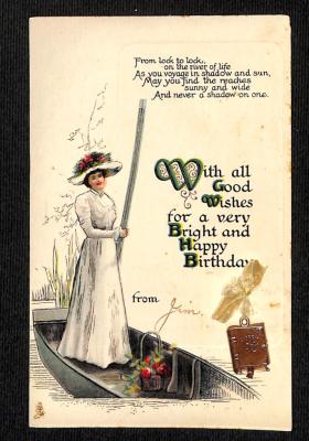 POSTCARD: BIRTHDAY, LADY STANDING ON DINGHY WITH GOLD BOOK CHARM