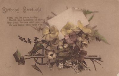 POSTCARD: DECORATED BIRTHDAY CARD, FROM ALBUM 1, THELMA GREEN COLLECTION