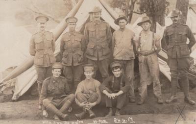 POSTCARD: CHARLES TRENBERTH WITH A GROUP OF MEN, FROM ALBUM 1, THELMA GREEN COLLECTION