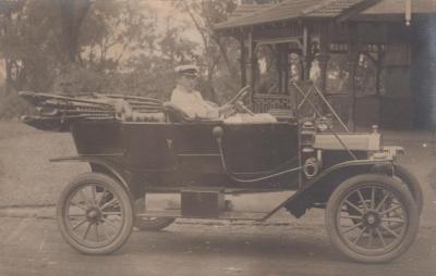 POSTCARD: CAR AND DRIVER, FROM ALBUM 1, THELMA GREEN COLLECTION