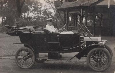 POSTCARD: CAR AND DRIVER, FROM ALBUM 1, THELMA GREEN COLLECTION