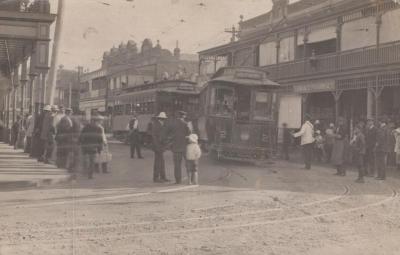 POSTCARD: TRAMS AT THE CORNER OF ROKEBY ROAD AND HAY STREET, FROM ALBUM 1, THELMA GREEN COLLECTION