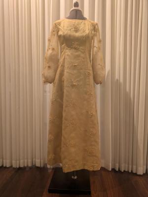 DRESS: FULL LENGTH, LONG SLEEVE, EMBROIDERED AND APPLIQUE FLOWERS