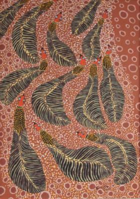 A flock of emus travelling through a dust storm