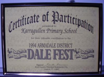 CERTIFICATE - FRAMED PARTICIPATION OF KARRAGULLEN PRIMARY SCHOOL IN DALE FEST
