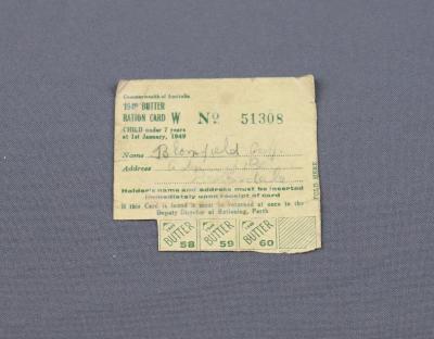 BUTTER RATION CARD FOR CHILD UNDER 7 - GEOFF BLOMFIELD ADMIRAL ROAD BEDFORDALE