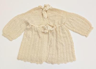 CARDIGAN: BABY CARDIGAN, CREAM CROCHET WITH SATIN RIBBON NECK AND WAIST TIES