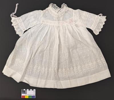 DRESS: CHILDRENS, WHITE COTTON BRODERIE ANGLAISE WITH PINK RIBBON TRIM